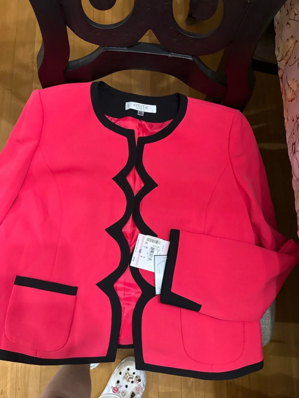 Bright Pink Scalloped-Edge Blazer with Black Trim - Picture 3 of 4